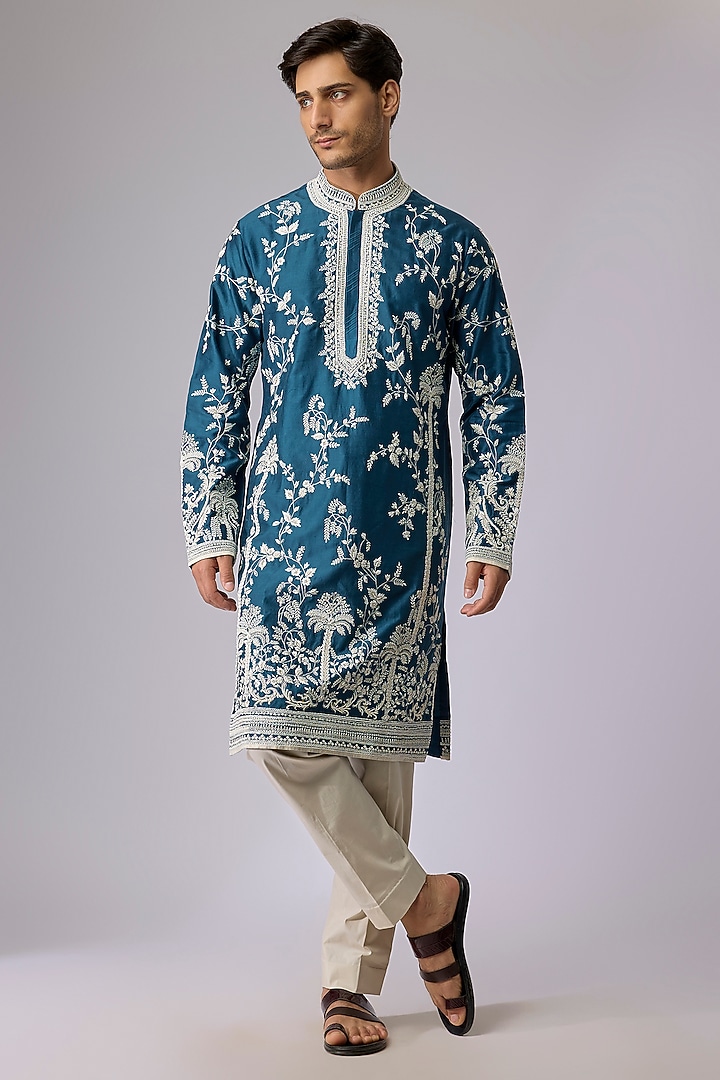 Teal Blue Chanderi Kurta Set by Anushree Reddy Men at Pernia's Pop Up Shop