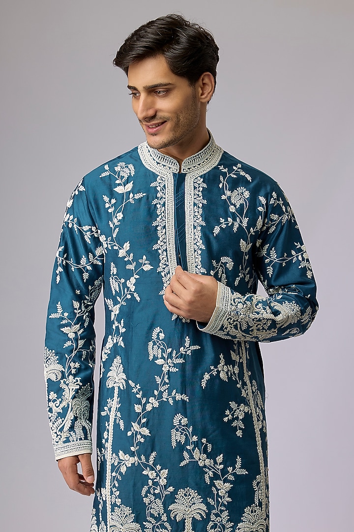Teal Blue Chanderi Kurta Set by Anushree Reddy Men at Pernia's Pop Up Shop