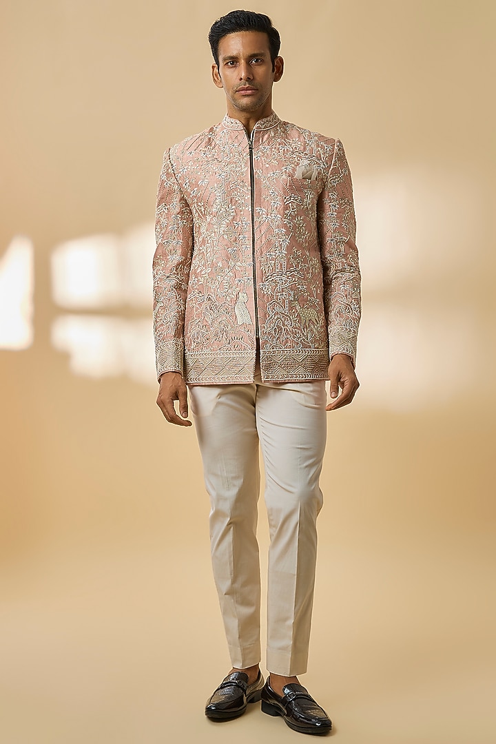 Dusty Pink Raw Silk Groom Bandhgala Set by Anushree Reddy Men at Pernia's Pop Up Shop