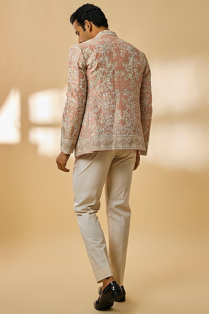 Dusty Pink Raw Silk Groom Bandhgala Set by Anushree Reddy Men at Pernia's Pop Up Shop