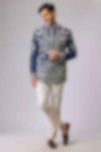 Midnight Blue Raw Silk Bandhgala Set by Anushree Reddy Men at Pernia's Pop Up Shop