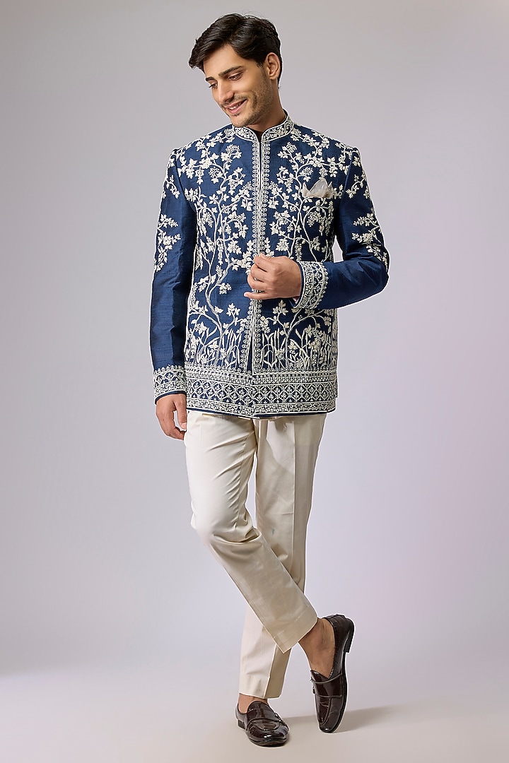 Midnight Blue Raw Silk Bandhgala Set by Anushree Reddy Men at Pernia's Pop Up Shop