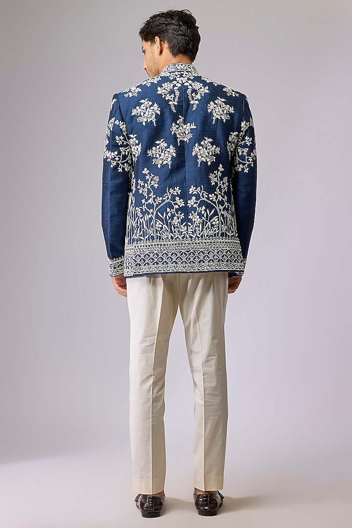 Midnight Blue Raw Silk Bandhgala Set by Anushree Reddy Men at Pernia's Pop Up Shop