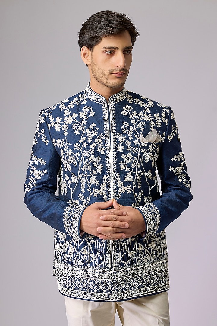 Midnight Blue Raw Silk Bandhgala Set by Anushree Reddy Men at Pernia's Pop Up Shop