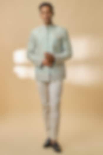 Powder Blue Raw Silk Groom Bandhgala Set by Anushree Reddy Men at Pernia's Pop Up Shop