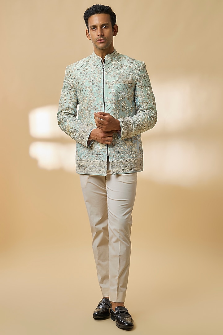Powder Blue Raw Silk Groom Bandhgala Set by Anushree Reddy Men at Pernia's Pop Up Shop