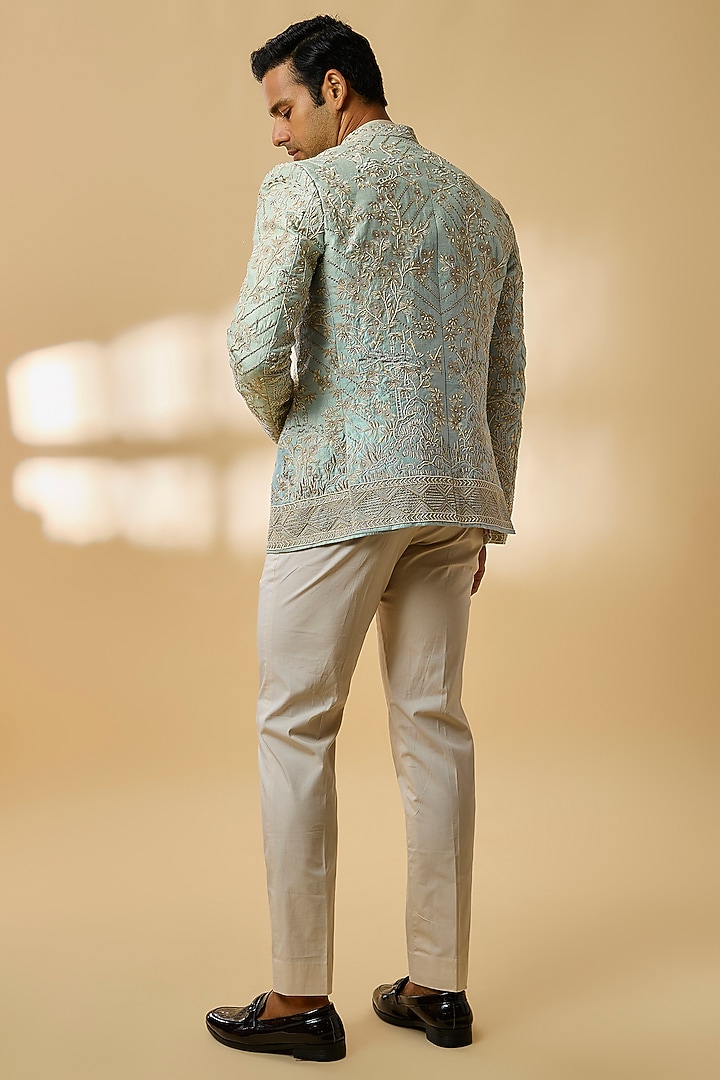 Powder Blue Raw Silk Groom Bandhgala Set by Anushree Reddy Men at Pernia's Pop Up Shop