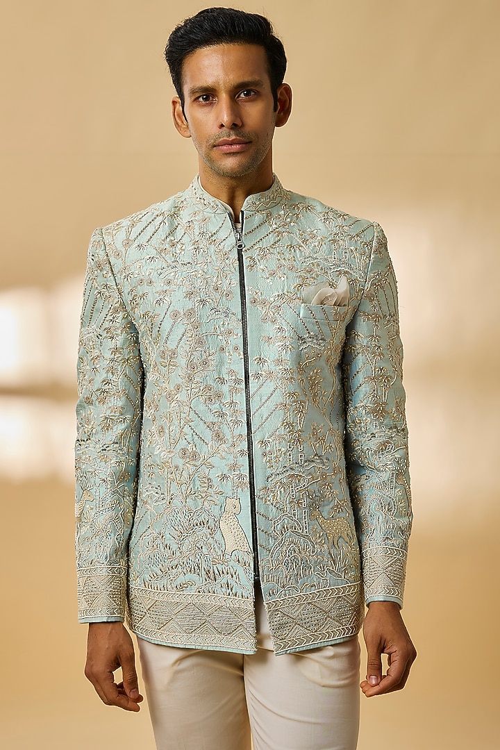Powder Blue Raw Silk Groom Bandhgala Set by Anushree Reddy Men at Pernia's Pop Up Shop