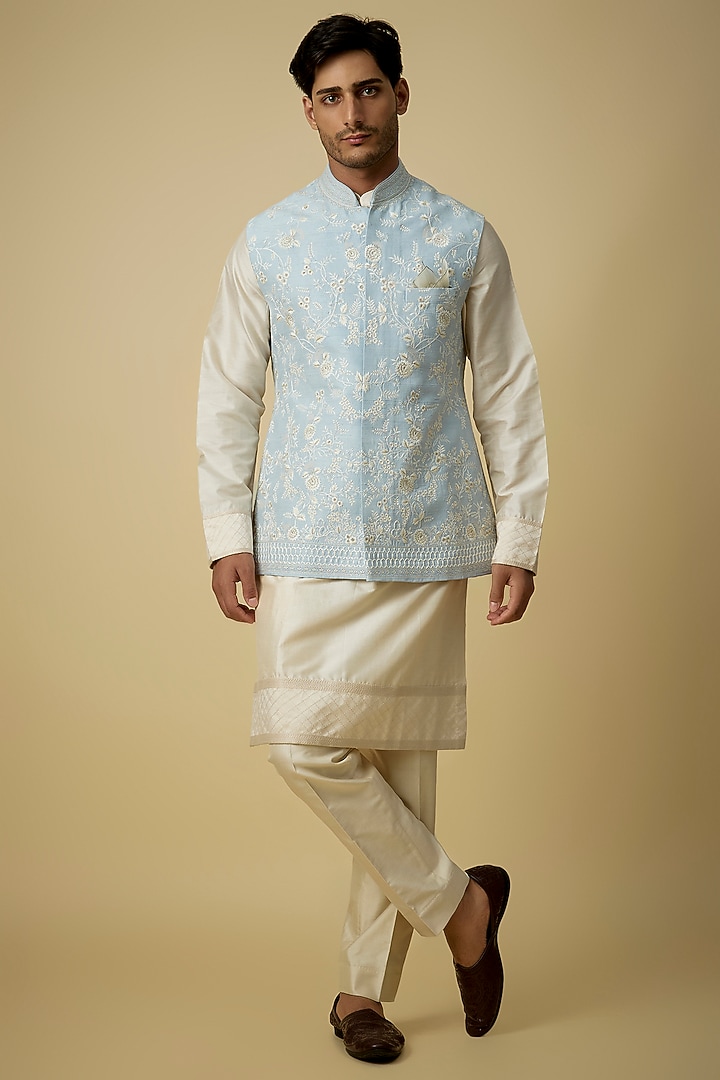 Powder Blue Silk & Tissue Silk Bundi Jacket Set by Anushree Reddy Men at Pernia's Pop Up Shop