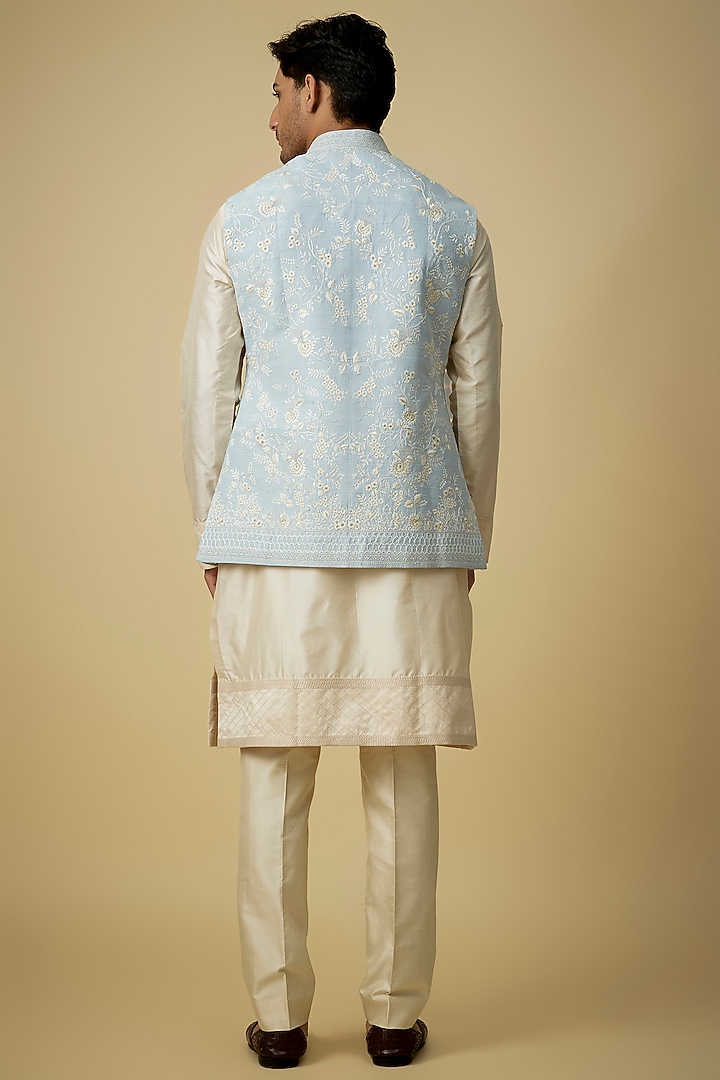 Powder Blue Silk & Tissue Silk Bundi Jacket Set by Anushree Reddy Men at Pernia's Pop Up Shop