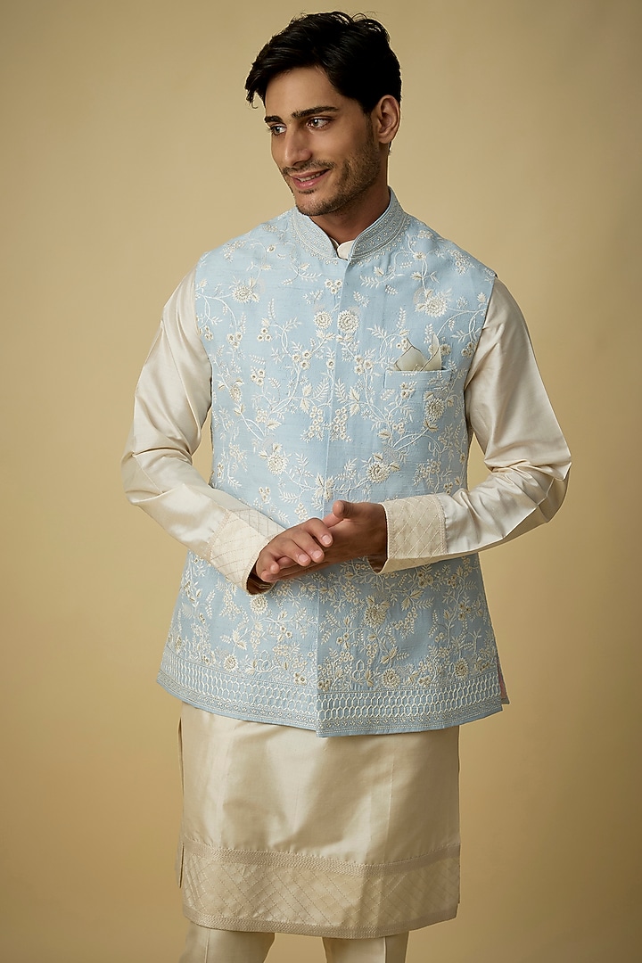 Powder Blue Silk & Tissue Silk Bundi Jacket Set by Anushree Reddy Men at Pernia's Pop Up Shop
