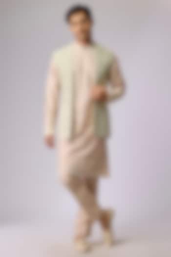 Cream-Mint Raw Silk Indowestern Set by Anushree Reddy Men at Pernia's Pop Up Shop