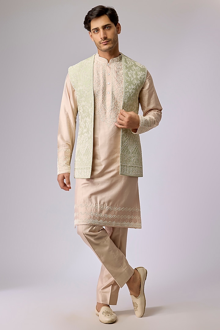 Cream-Mint Raw Silk Indowestern Set by Anushree Reddy Men at Pernia's Pop Up Shop