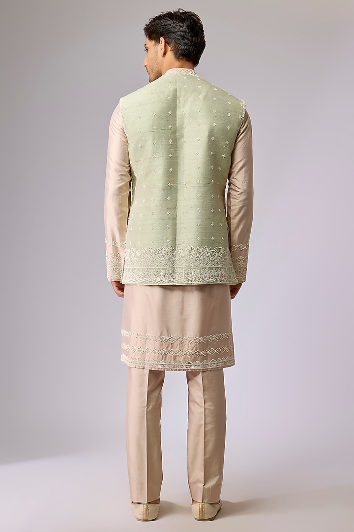 Cream-Mint Raw Silk Indowestern Set by Anushree Reddy Men at Pernia's Pop Up Shop