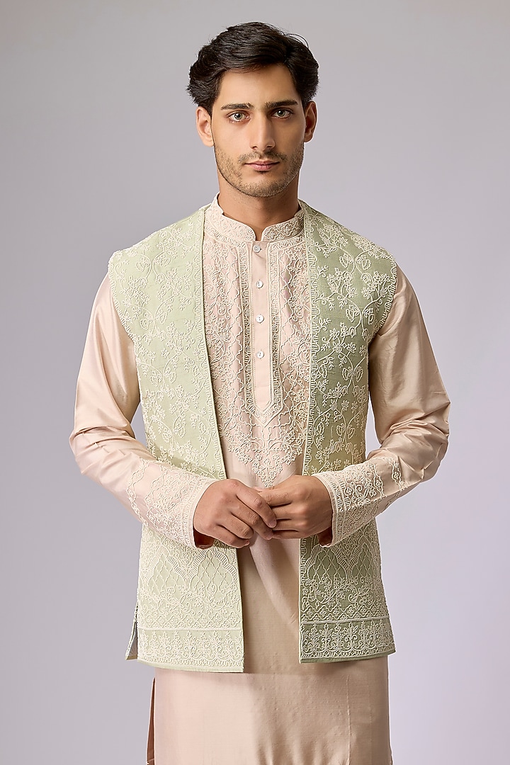 Cream-Mint Raw Silk Indowestern Set by Anushree Reddy Men at Pernia's Pop Up Shop