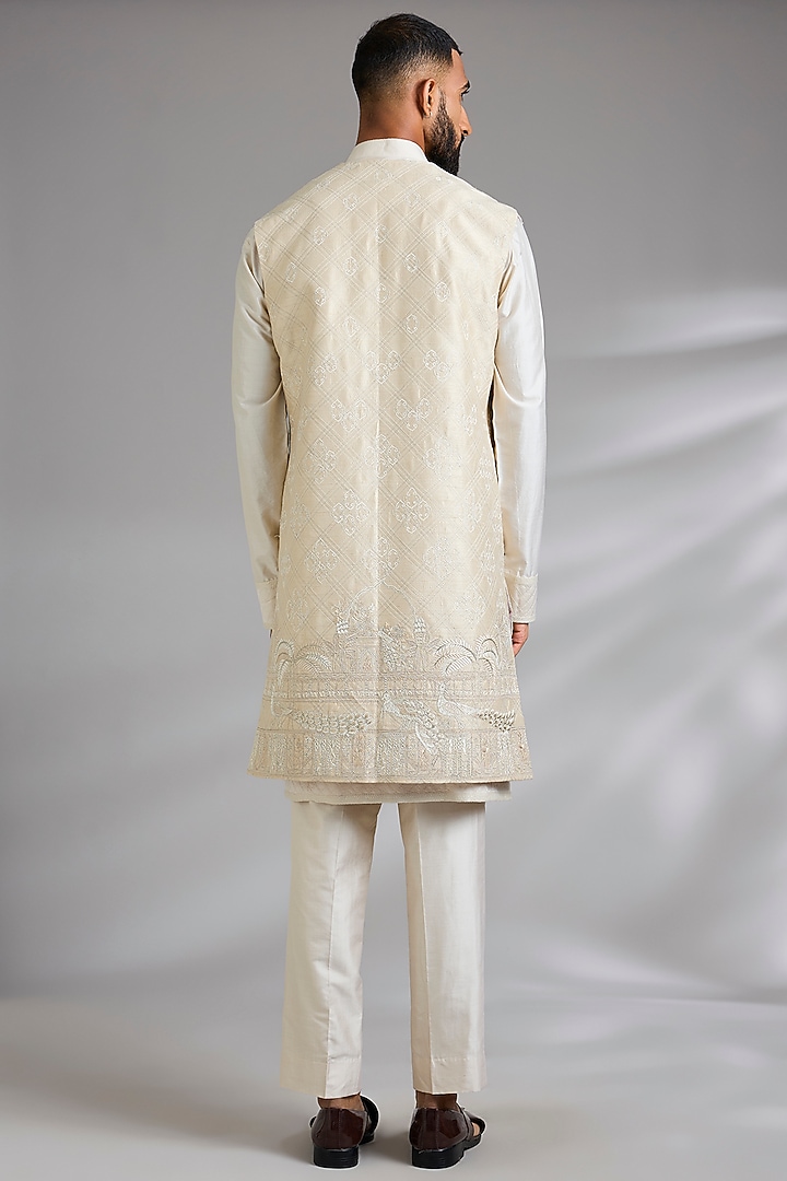 Cream Raw Silk Groom Indowestern Set by Anushree Reddy Men at Pernia's Pop Up Shop