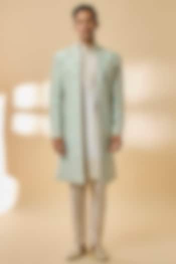 Powder Blue Raw Silk Groom Indowestern Set by Anushree Reddy Men at Pernia's Pop Up Shop