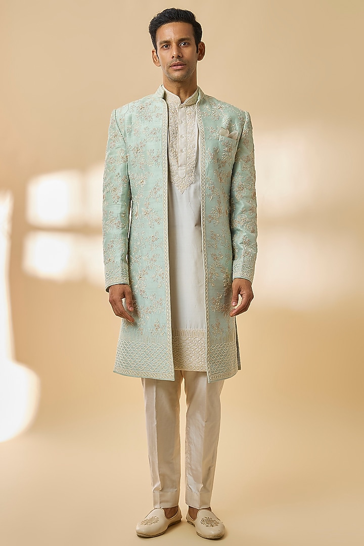 Powder Blue Raw Silk Groom Indowestern Set by Anushree Reddy Men at Pernia's Pop Up Shop