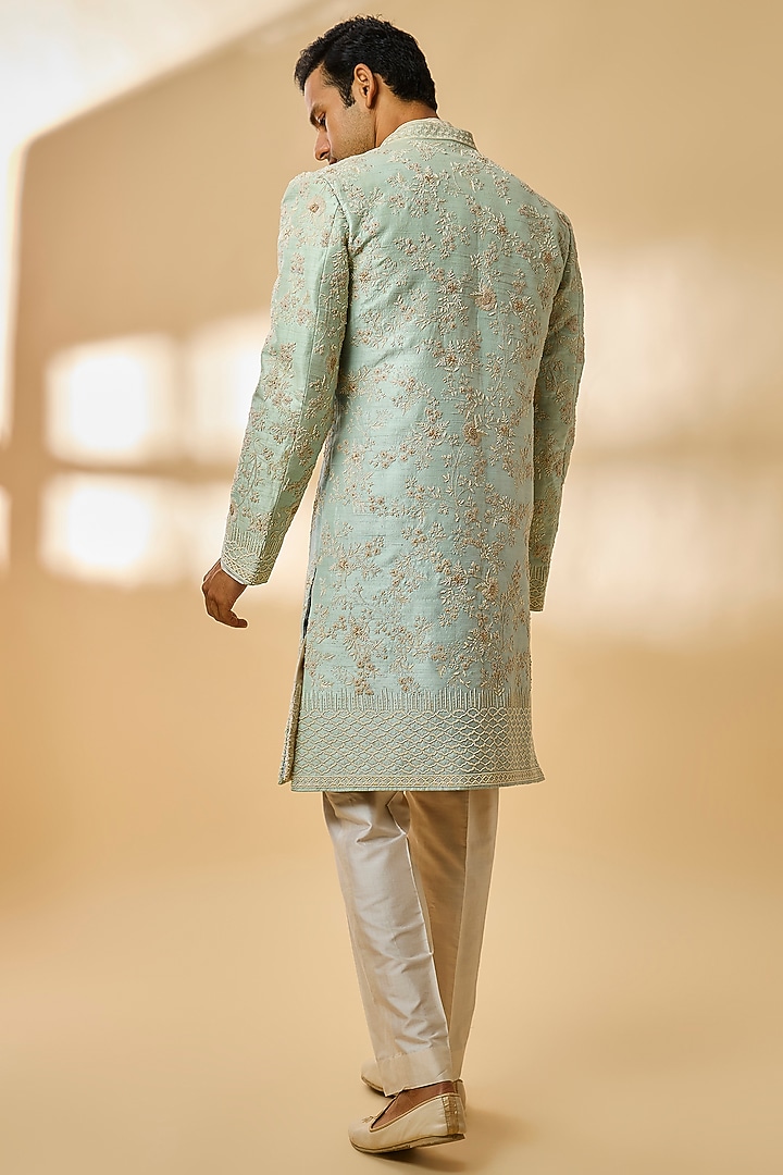 Powder Blue Raw Silk Groom Indowestern Set by Anushree Reddy Men at Pernia's Pop Up Shop