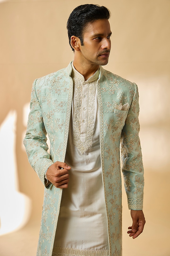 Powder Blue Raw Silk Groom Indowestern Set by Anushree Reddy Men at Pernia's Pop Up Shop