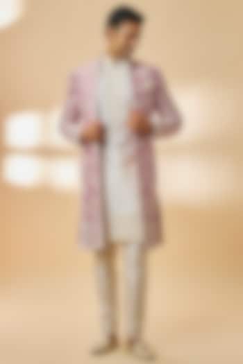 Onion Pink Raw Silk Groom Indowestern Set by Anushree Reddy Men at Pernia's Pop Up Shop