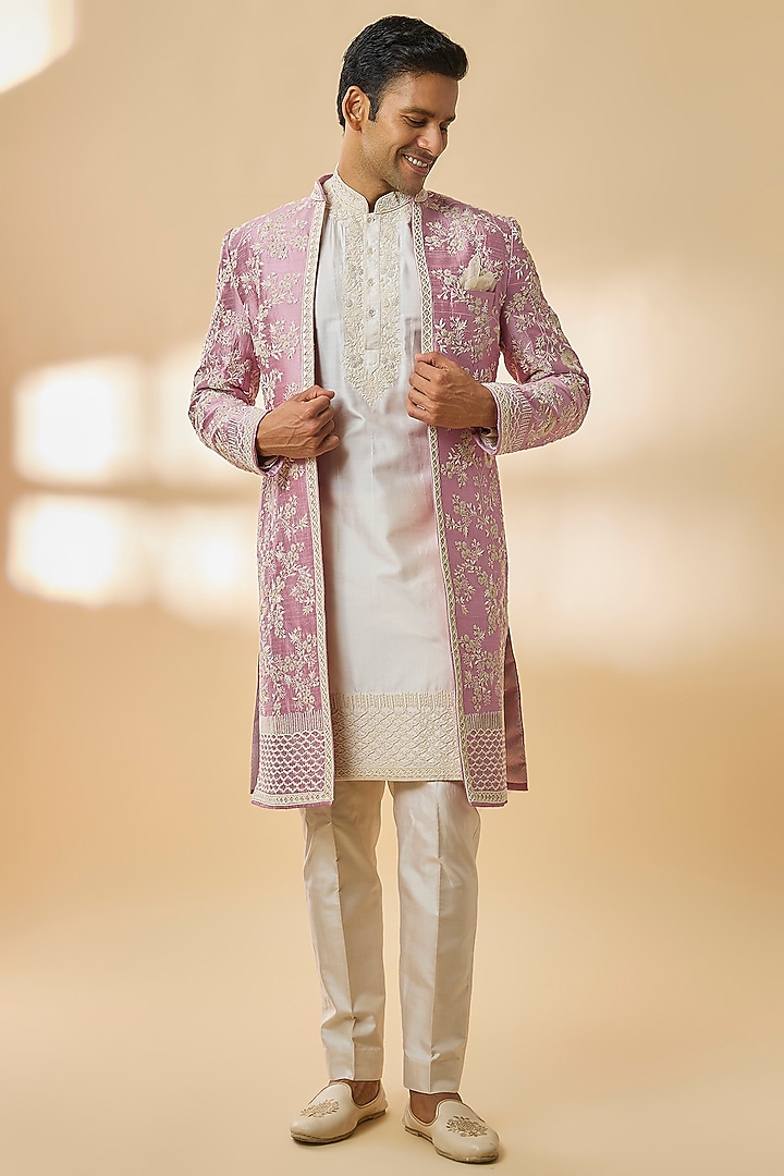 Onion Pink Raw Silk Groom Indowestern Set by Anushree Reddy Men at Pernia's Pop Up Shop