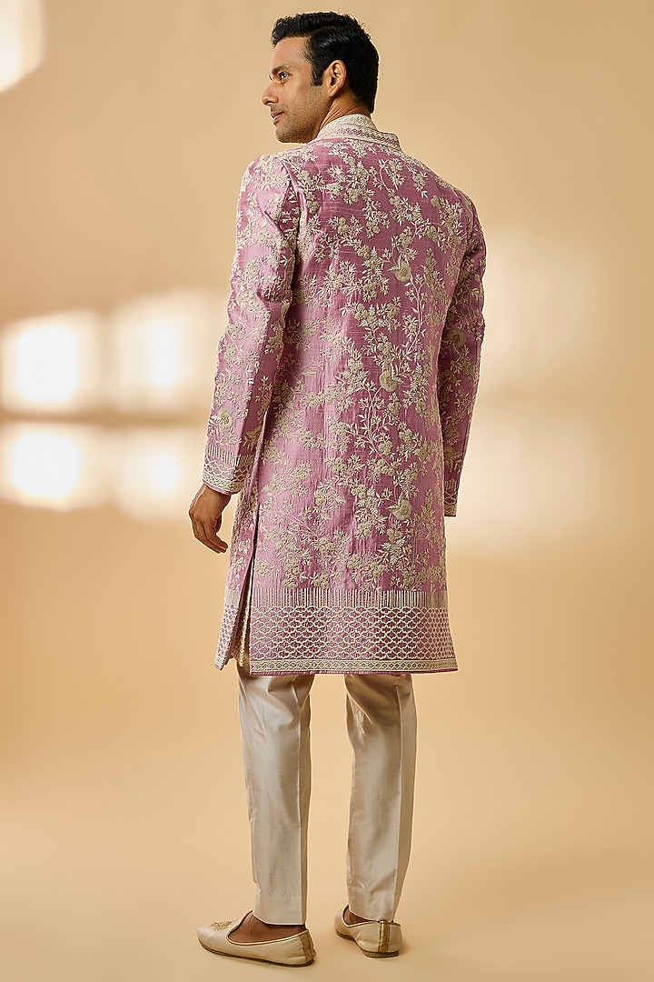 Onion Pink Raw Silk Groom Indowestern Set by Anushree Reddy Men at Pernia's Pop Up Shop