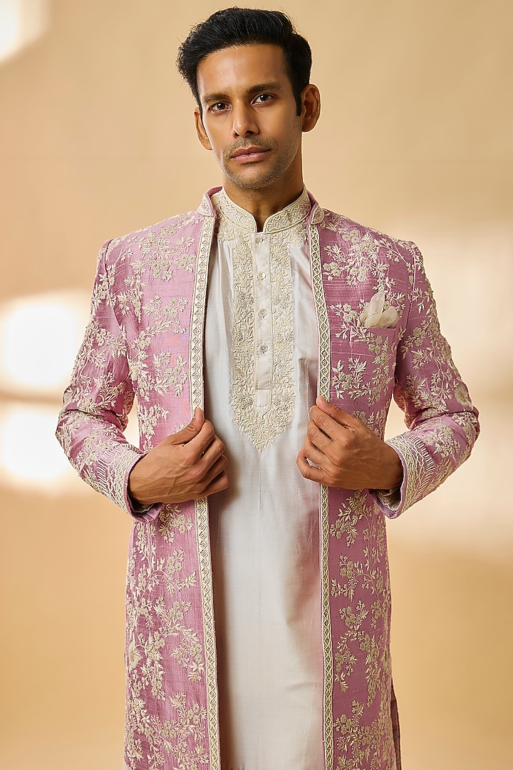 Onion Pink Raw Silk Groom Indowestern Set by Anushree Reddy Men at Pernia's Pop Up Shop