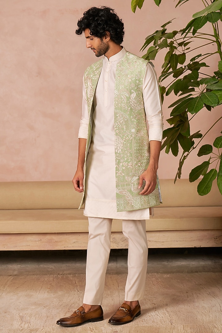 Mint Green Raw Silk Groom Indowestern Set by Anushree Reddy Men at Pernia's Pop Up Shop