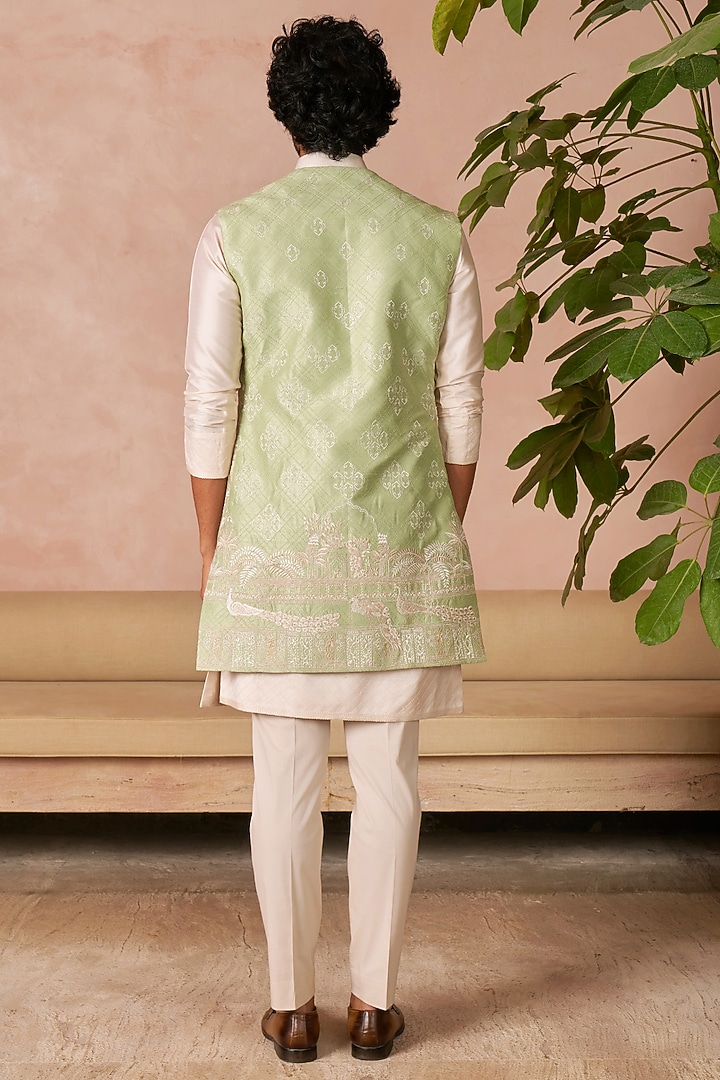 Mint Green Raw Silk Groom Indowestern Set by Anushree Reddy Men at Pernia's Pop Up Shop