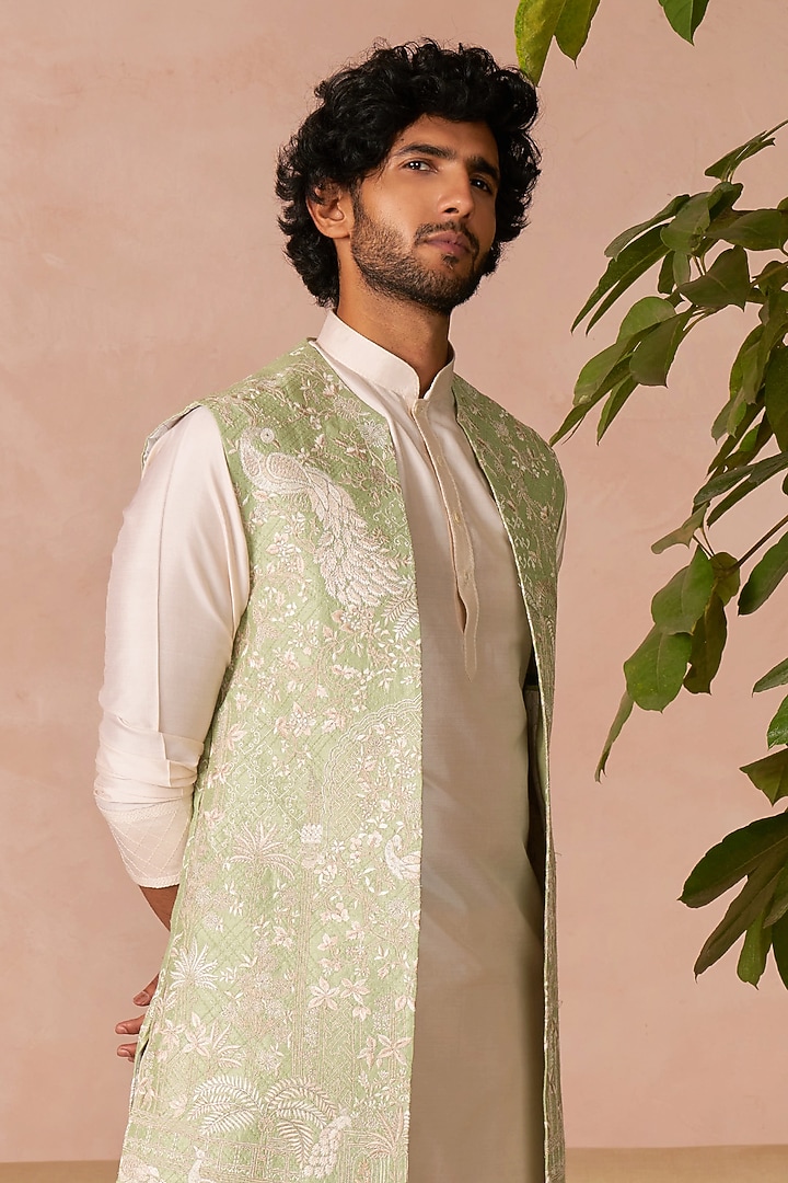 Mint Green Raw Silk Groom Indowestern Set by Anushree Reddy Men at Pernia's Pop Up Shop