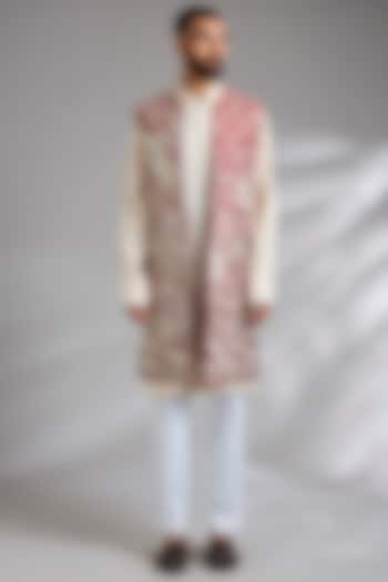 Cream-Maroon Raw Silk Groom Indowestern Set by Anushree Reddy Men at Pernia's Pop Up Shop