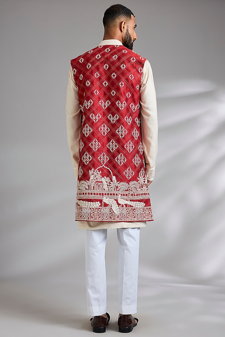 Cream-Maroon Raw Silk Groom Indowestern Set by Anushree Reddy Men at Pernia's Pop Up Shop