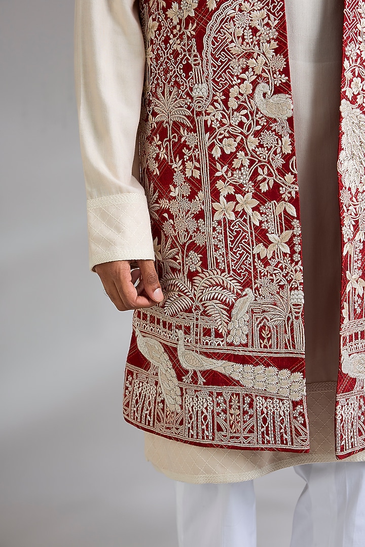 Cream-Maroon Raw Silk Groom Indowestern Set by Anushree Reddy Men at Pernia's Pop Up Shop