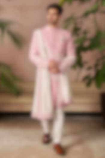 Onion Pink Raw Silk Groom Sherwani Set by Anushree Reddy Men at Pernia's Pop Up Shop