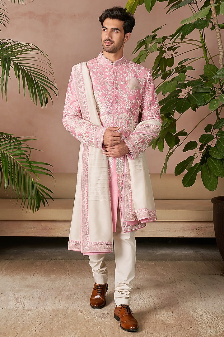 Onion Pink Raw Silk Groom Sherwani Set by Anushree Reddy Men at Pernia's Pop Up Shop