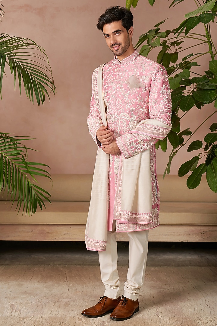 Onion Pink Raw Silk Groom Sherwani Set by Anushree Reddy Men at Pernia's Pop Up Shop