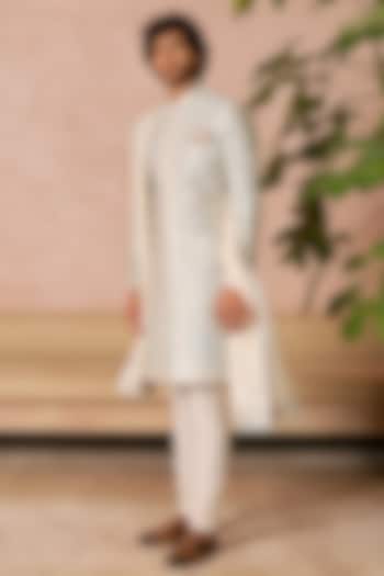 Powder Blue Raw Silk Groom Sherwani Set by Anushree Reddy Men at Pernia's Pop Up Shop