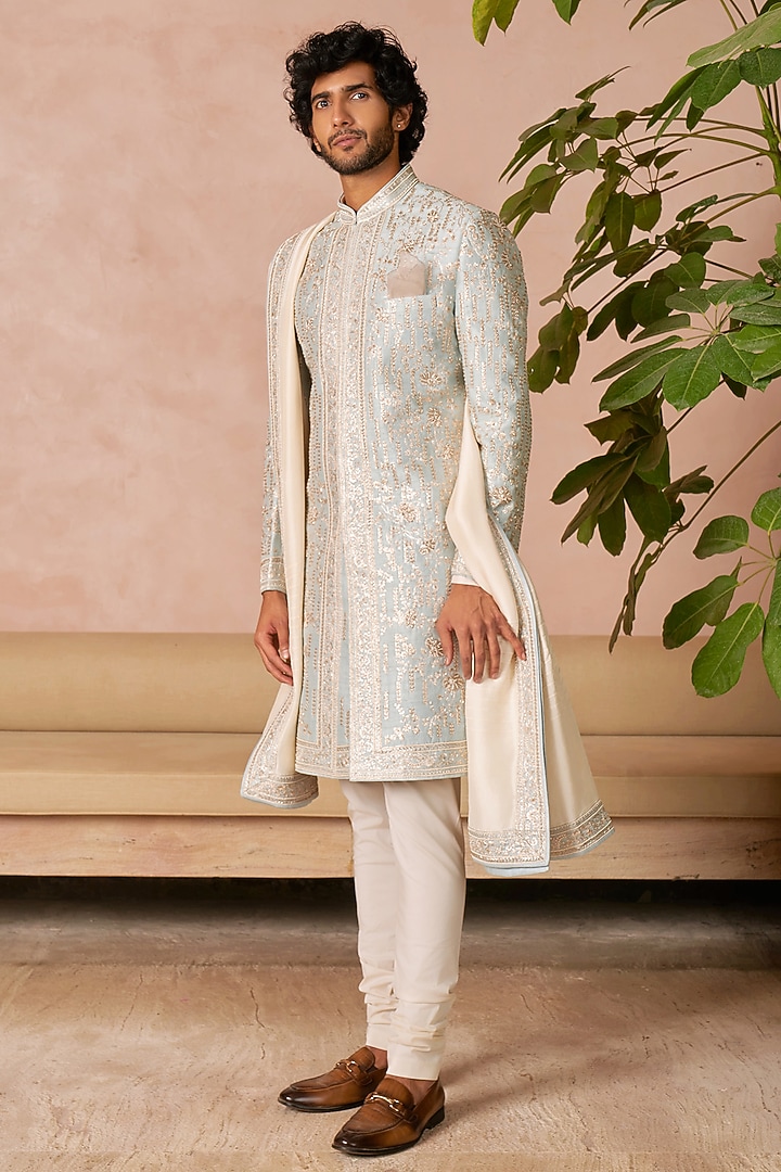 Powder Blue Raw Silk Groom Sherwani Set by Anushree Reddy Men at Pernia's Pop Up Shop