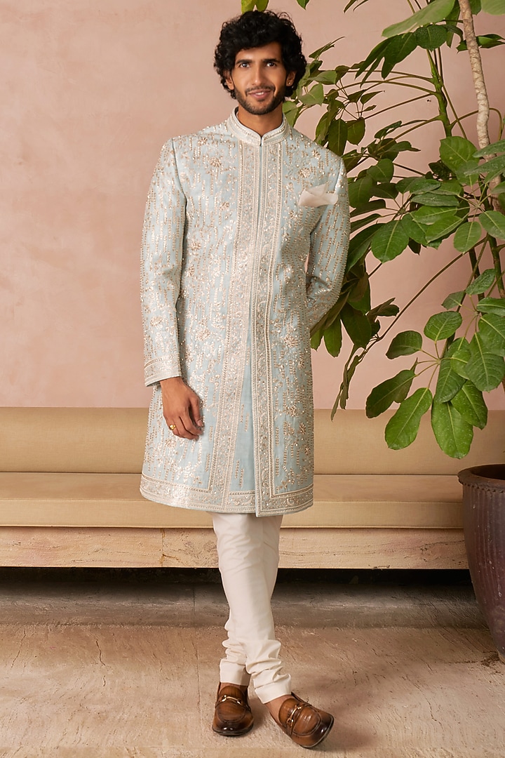 Powder Blue Raw Silk Groom Sherwani Set by Anushree Reddy Men at Pernia's Pop Up Shop