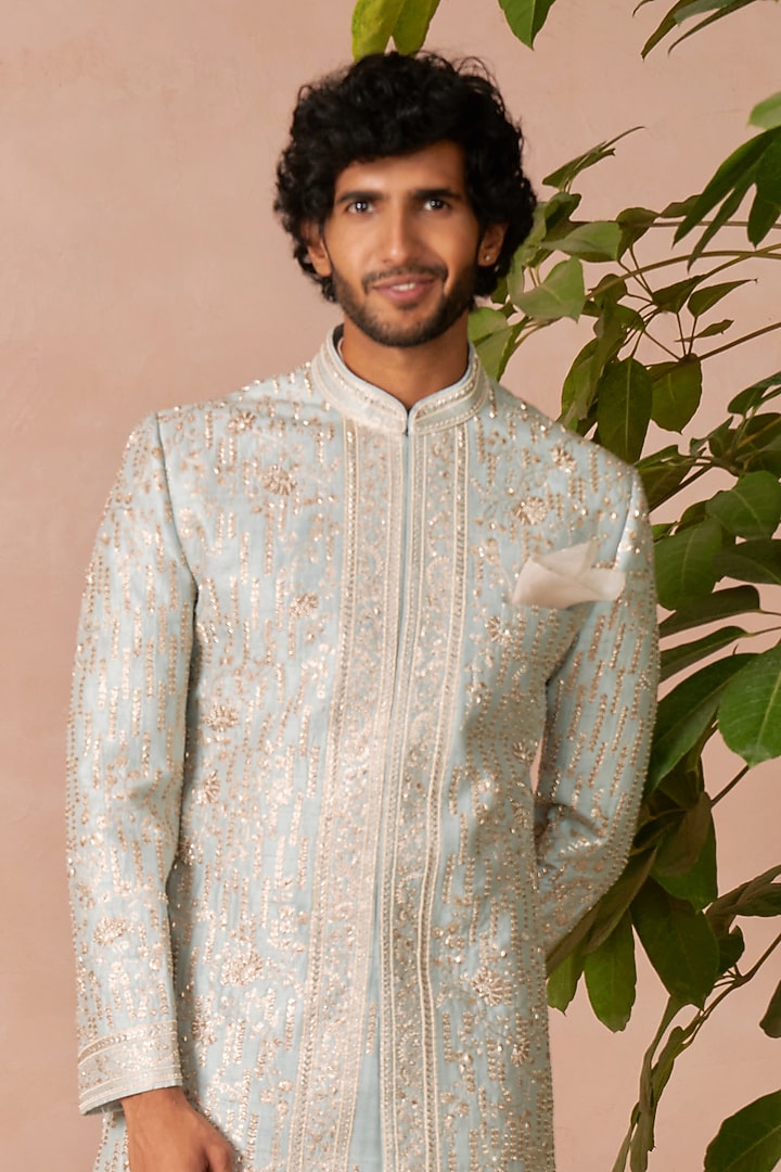 Powder Blue Raw Silk Groom Sherwani Set by Anushree Reddy Men at Pernia's Pop Up Shop