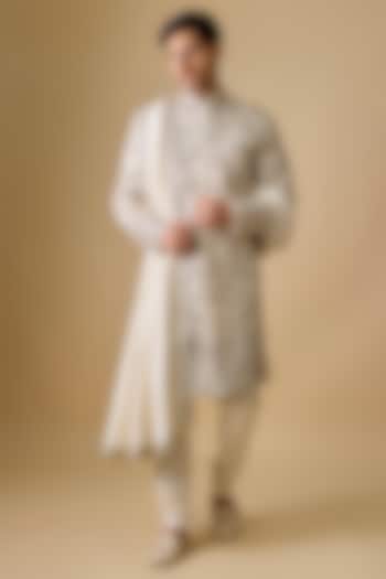 Ivory Silk Embroidered Sherwani Set by Anushree Reddy Men at Pernia's Pop Up Shop