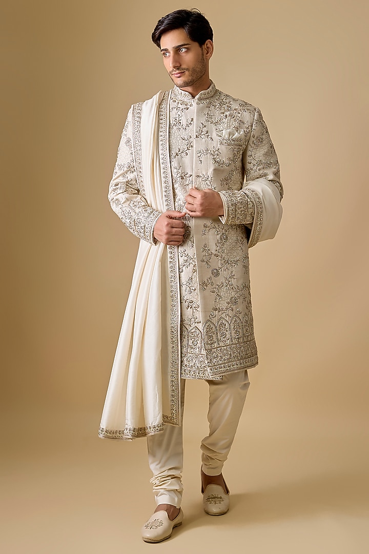 Ivory Silk Embroidered Sherwani Set by Anushree Reddy Men at Pernia's Pop Up Shop