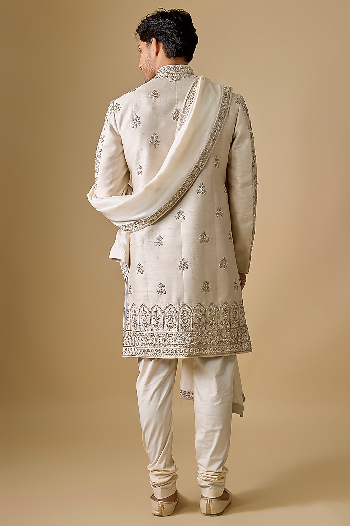 Ivory Silk Embroidered Sherwani Set by Anushree Reddy Men at Pernia's Pop Up Shop