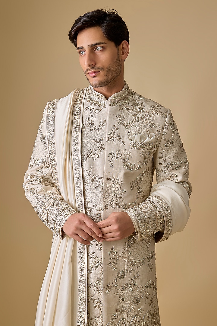 Ivory Silk Embroidered Sherwani Set by Anushree Reddy Men at Pernia's Pop Up Shop