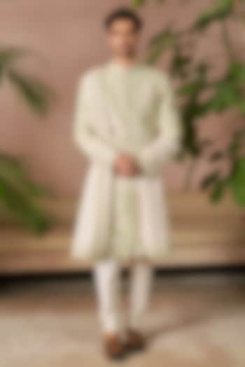 Mint Green Raw Silk Groom Sherwani Set by Anushree Reddy Men at Pernia's Pop Up Shop