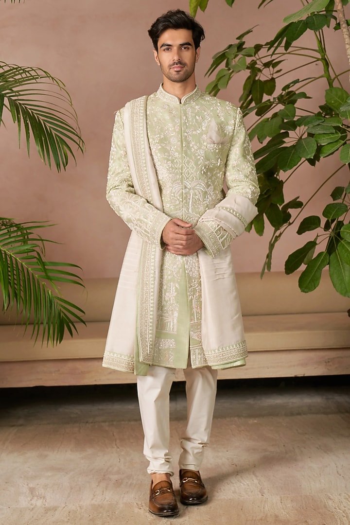 Mint Green Raw Silk Groom Sherwani Set by Anushree Reddy Men at Pernia's Pop Up Shop