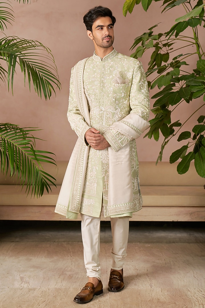 Mint Green Raw Silk Groom Sherwani Set by Anushree Reddy Men at Pernia's Pop Up Shop