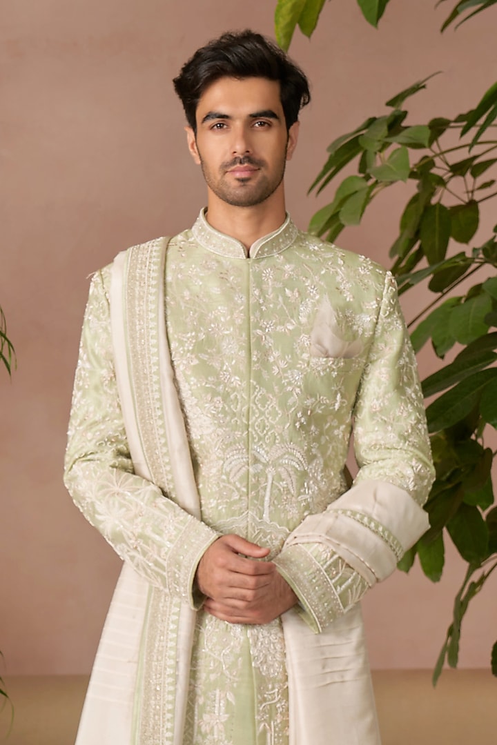 Mint Green Raw Silk Groom Sherwani Set by Anushree Reddy Men at Pernia's Pop Up Shop
