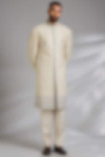 Grey Raw Silk Groom Indowestern Set by Anushree Reddy Men at Pernia's Pop Up Shop